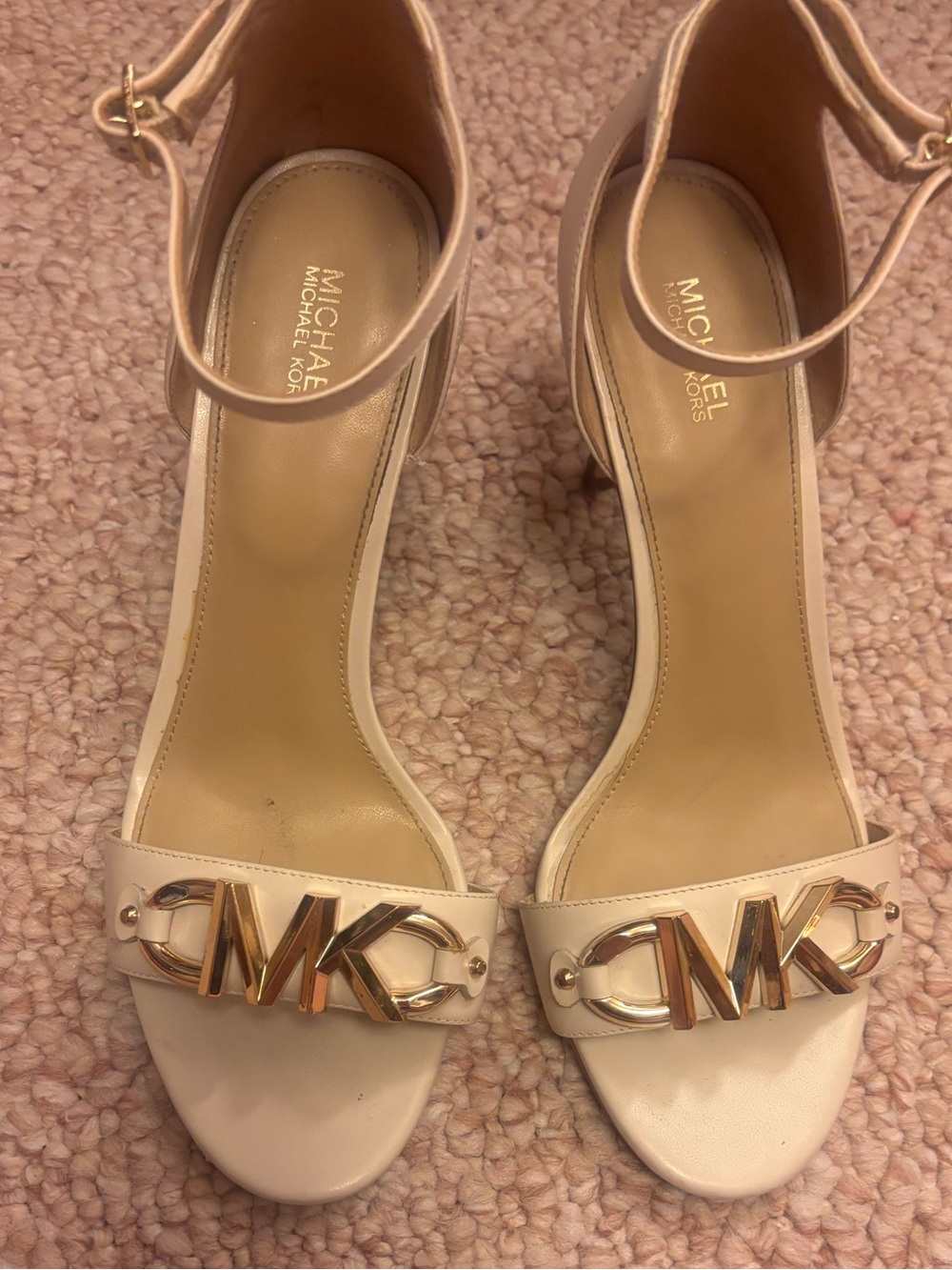MICHAEL Michael Kors Cream Ankle-Strap Heels with Gold MK Logo